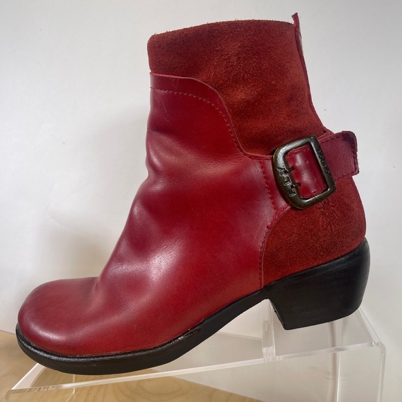 FLY London Red Leather Suede Ankle Boots Buckle Accent Women's Size 38 - Picture 1 of 9